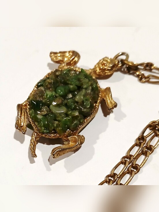 Jewelry - Goldtone Turtle Pendant Necklace with Green Stone Mosaic - Pets Reptile Inspired
